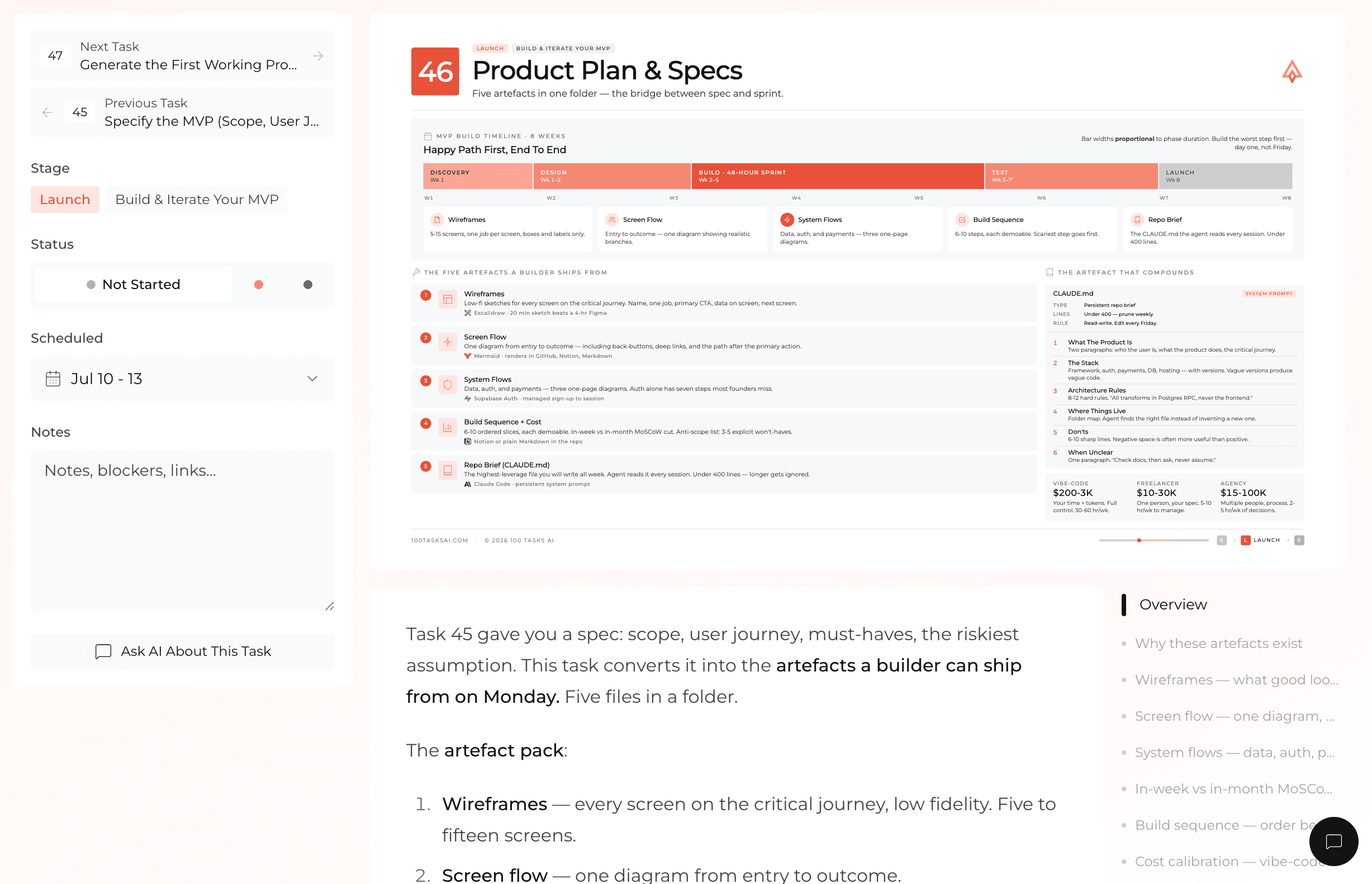 Launch task view showing a product plan and specs Powersheet