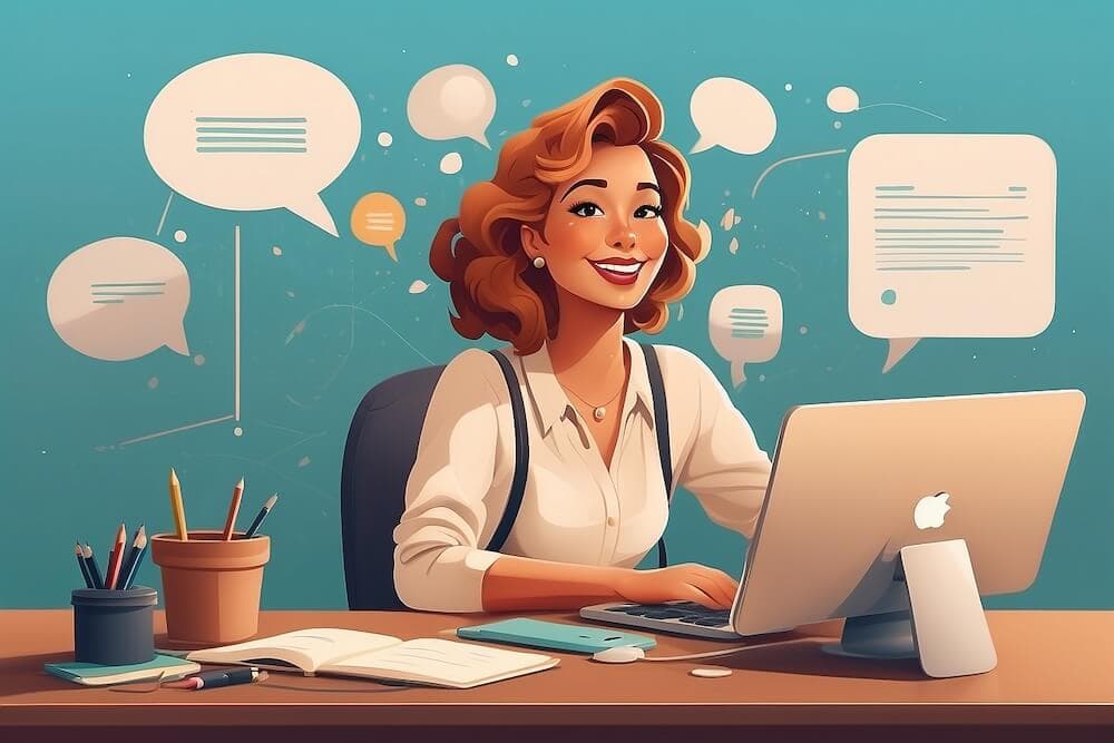 Smiling entrepreneur at desk with speech bubbles representing customer engagement