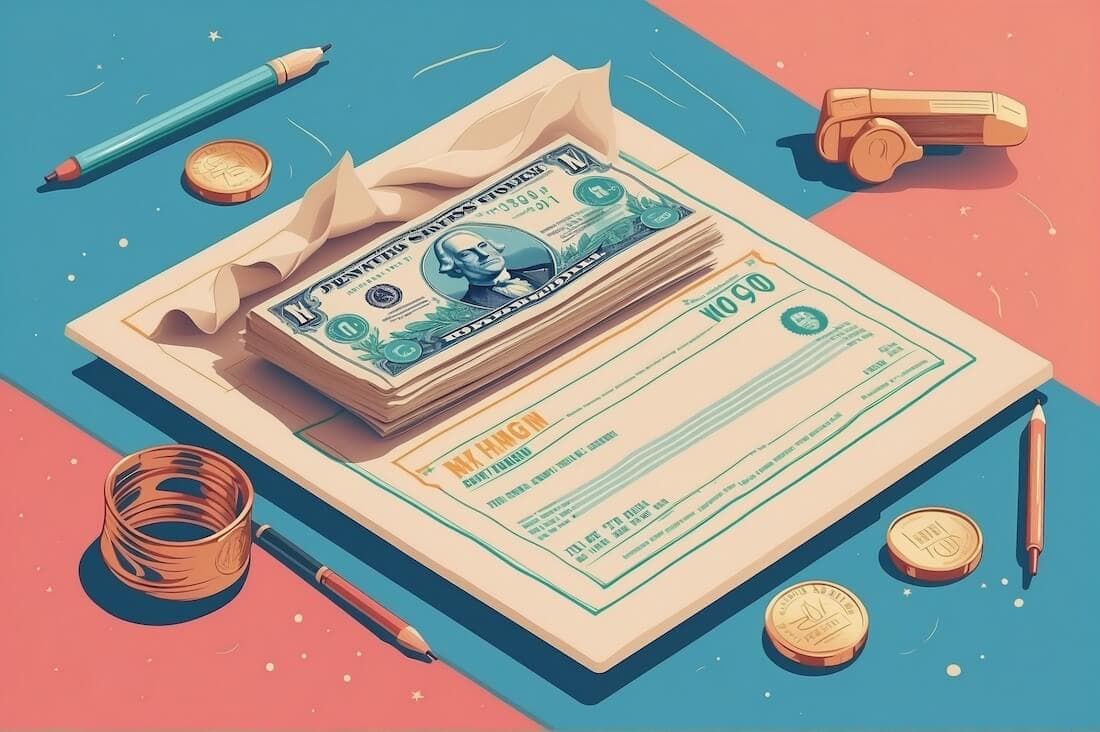 An illustration of a convertible note in early-stage funding and a stack of dollar bills on top.