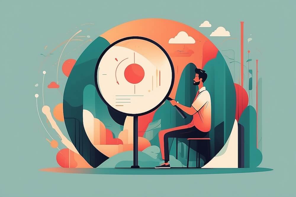 Person examining graphs with a giant magnifying glass