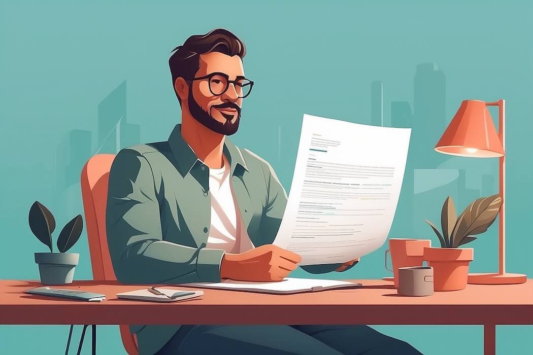 Entrepreneur sitting at a desk with a resume in hand