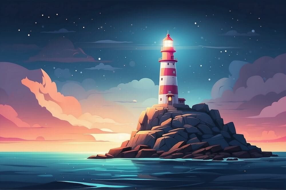 Lighthouse beaming light in the night, symbolizing vision and goals