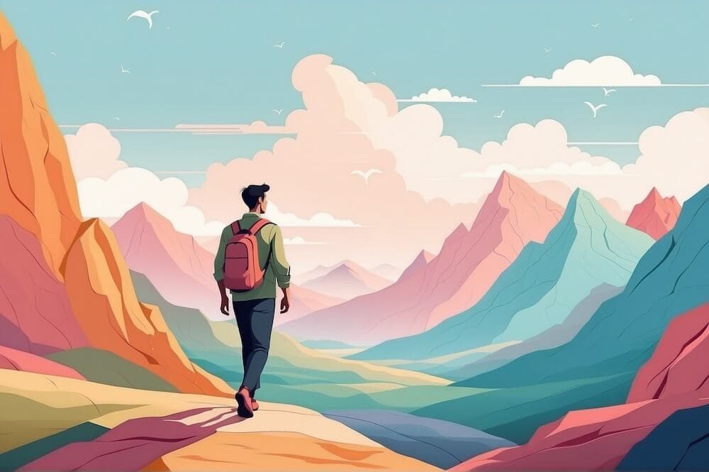 an entrepreneur peacefully walking in the mountains