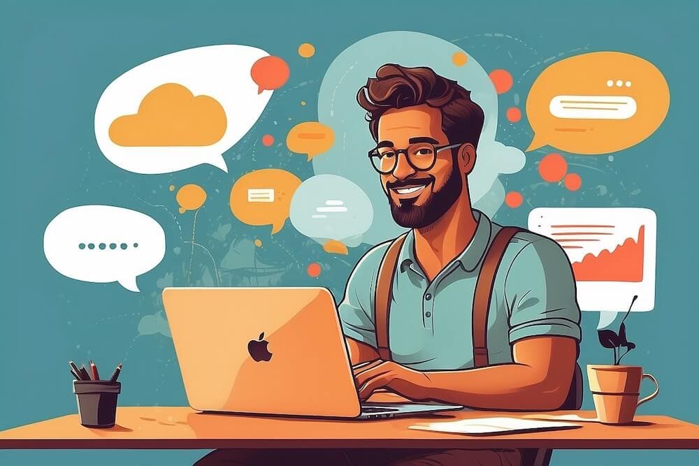 Entrepreneur at laptop with customer speech bubbles