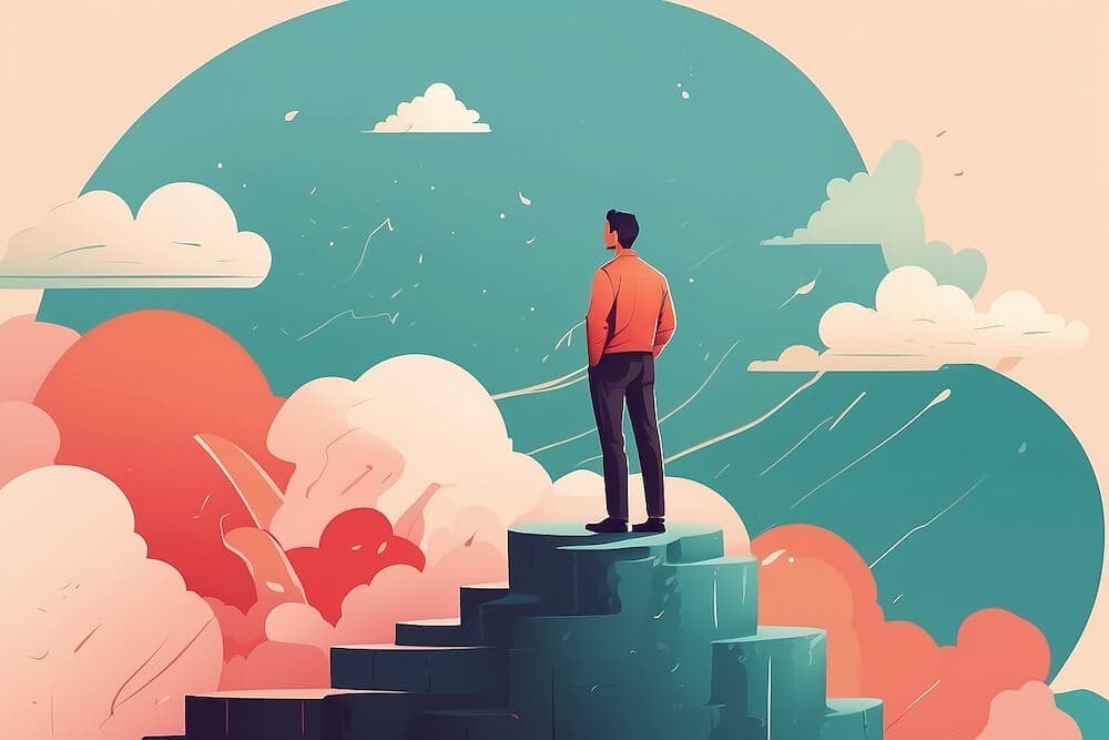 A person standing on a cliff overlooking a vast cloudy landscape