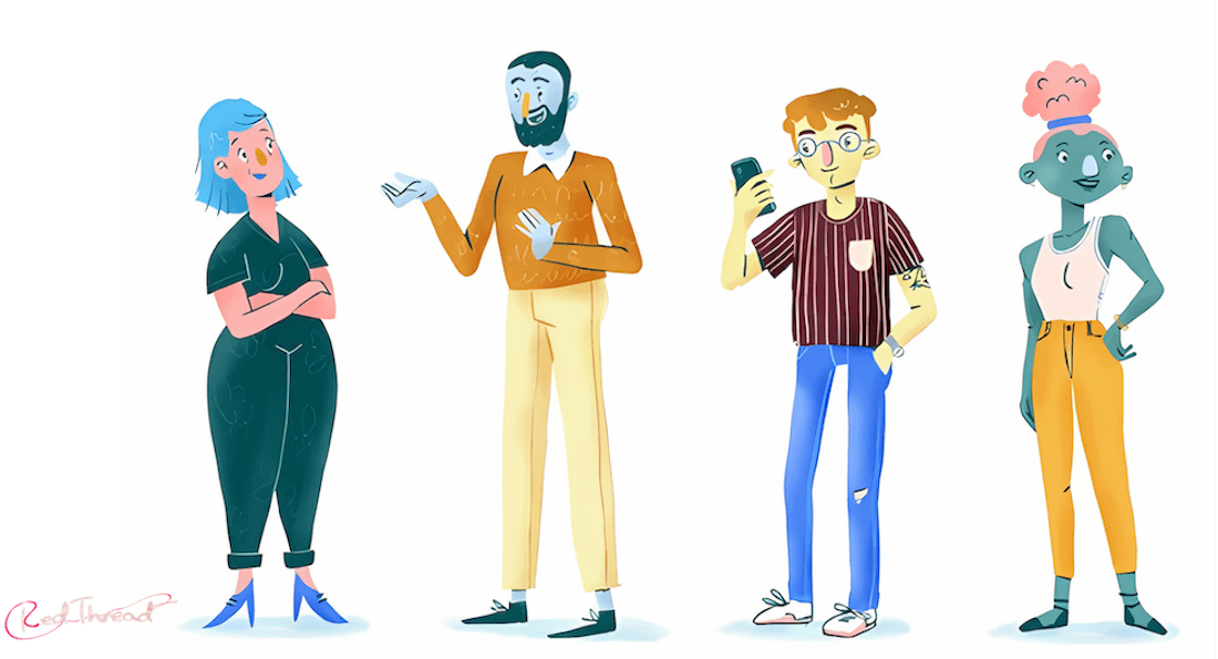 Illustration of characters lined up conversing with customers with logo from redthread-dk