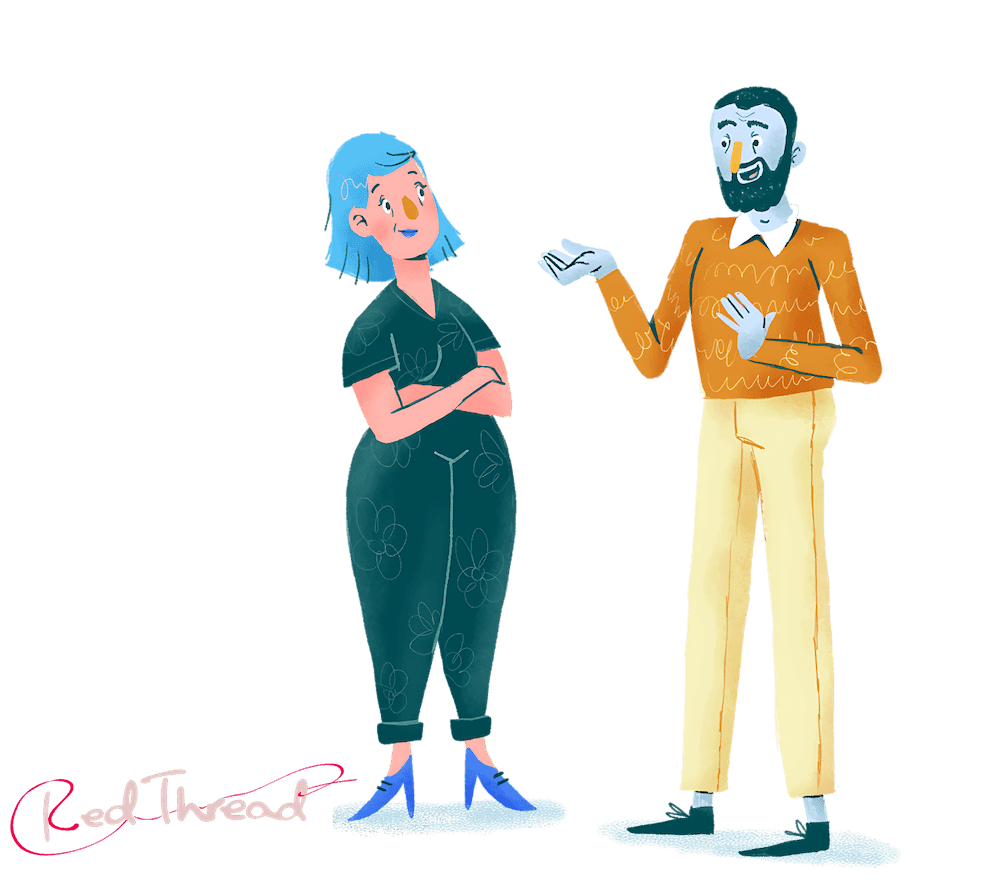 Illustration of entrepreneur conversing with a customer from redthread-dk with logo