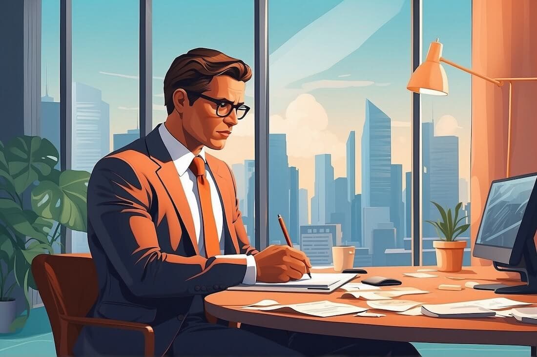 An Investor contemplating notes in a modern office